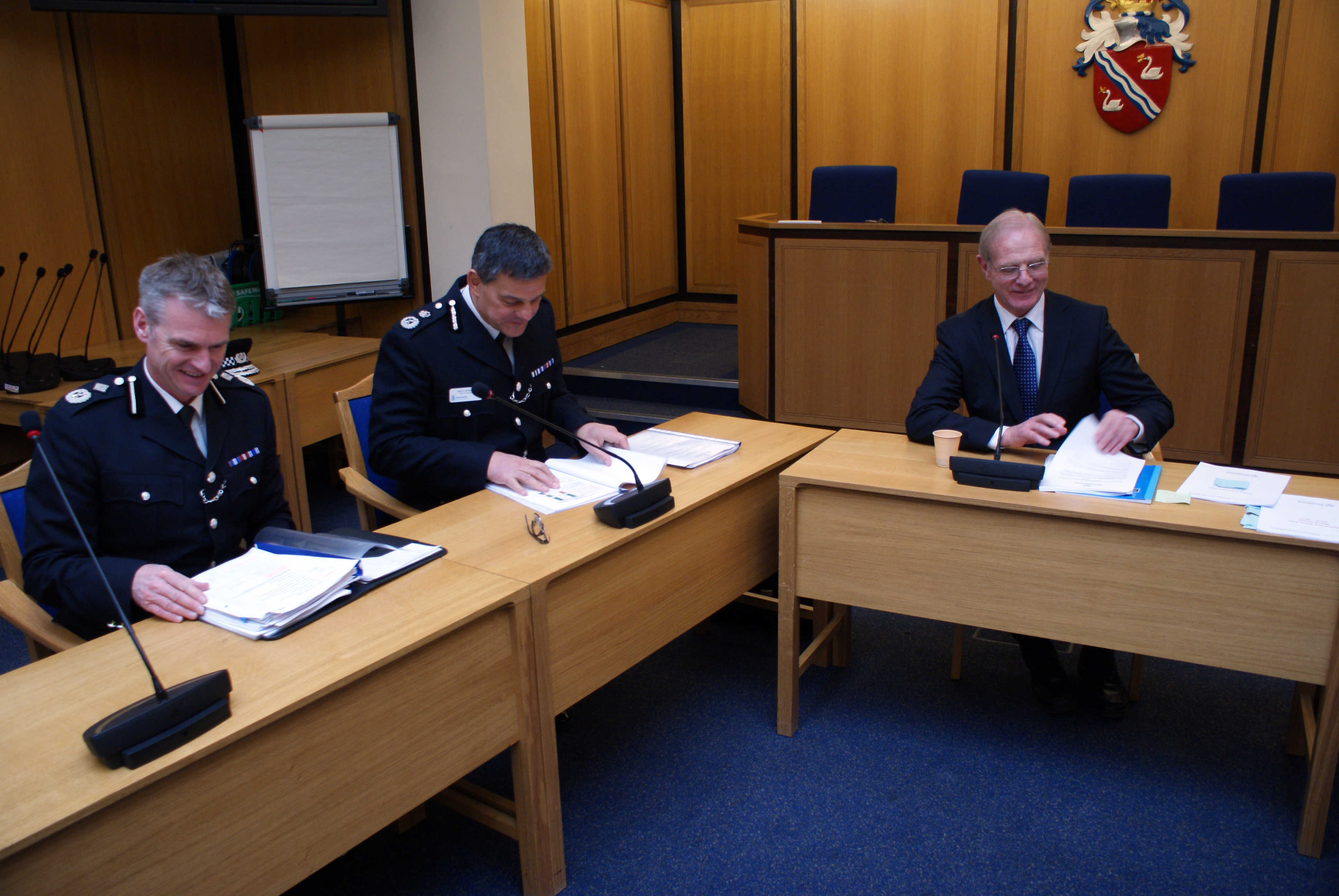 Deputy Chief Constable Neil brunton, Chief Constable Andy Parker and Warwickshire Police and Crime Commissioner Ron Ball
